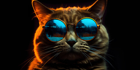 Portrait of cat with blue mirror sunglasses on black background