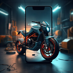Motorcycle coming out of a cell phone screen. Concept for an application for buying, selling or renting motorcycles (Generative AI)