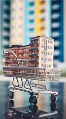 Buying a house, building repair and mortgage concept. Estimation real estate property with loan money and banking. House in shopping cart on city skyscrapers background. 