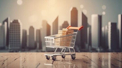 Buying a house, building repair and mortgage concept. Estimation real estate property with loan money and banking. House in shopping cart on city skyscrapers background.  - obrazy, fototapety, plakaty