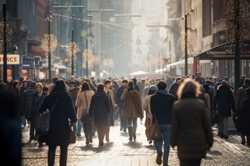 Obraz premium A large crowd of people walking down a street in a city. Many people walk on the street in the winter cold season in the evening time at the main area of the city.