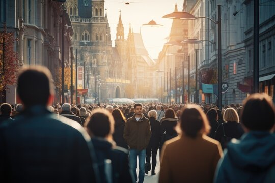 A large crowd of people walking down a street in a city. Many people walk on the street in the winter cold season on the golden hour in the main area of the city.