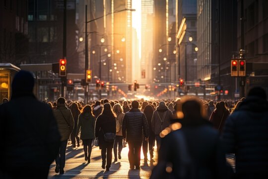 A large crowd of people walking down a street in a city. Many people walk on the street in the winter cold season on the golden hour in the main area of the city.
