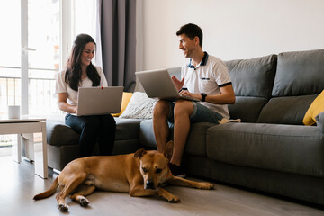 Couple working on laptops near dog in living room at home