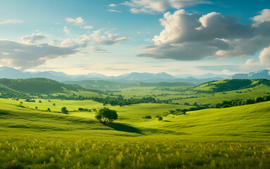 Landscape with green field and blue sky (Generative AI)