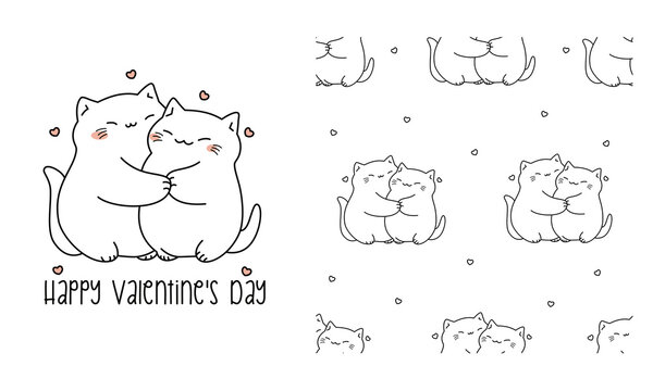 Vector set for printing on children's products. Cute fat kitties cuddle, hearts, linear style, seamless vector pattern ifor Valentine's Day . Vector illustration