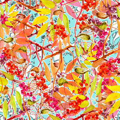 Watercolor viburnum, rowan and elder branches seamless pattern, hand painted.Watercolor Branch, bunch of  berries of mountain ash. .scarf,fabric, material.Abstract art background for beautiful design