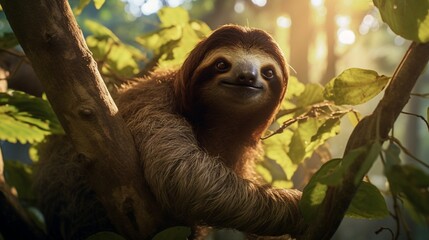 A slow-moving sloth hangs from a verdant branch in the Amazon, its camouflage blending seamlessly with the dappled sunlight.