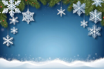 Christmas banner with snow on blue background with copy space. Winter border vector illustration with snowflakes.