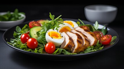 To view it from above, there is a plate containing a keto diet plate that includes cherry tomatoes, chicken breast, eggs, carrot salad, arugula, and spinach.