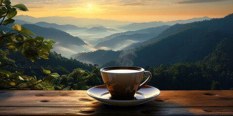 A cup of coffee on a wooden table against the background of mountains