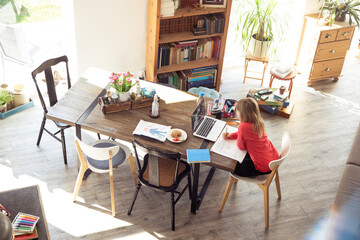 Girl studying on dining table at home