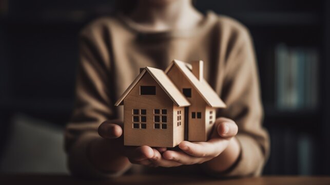 Buying a house, building repair and mortgage concept. Estimation real estate property with loan money and banking. Man or woman holding a house in hands