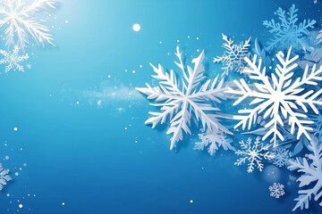 Fototapeta na wymiar Christmas banner with snow on blue background with copy space. Winter border vector illustration with snowflakes.
