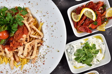 Chicken dinner and various appetizers