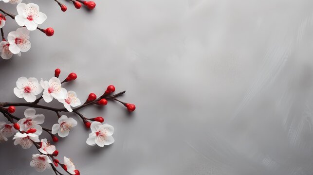 The chinese lunar new year background features white plum flowers and festive decorations, while the inside picture shows the word 'blessing'.