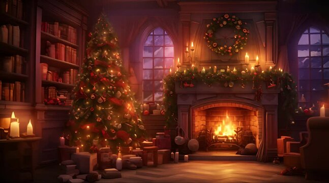 Christmas fireplace video, with a tree and gifts underneath it on Christmas