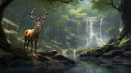 In a hushed forest sanctuary, a sambar deer graces the earth beside the vast banyan roots, with a backdrop of a shimmering limestone waterfall--a moment of sylvan peace. - obrazy, fototapety, plakaty