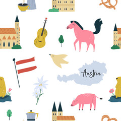 Colorful seamless patterns with symbols, animals, landmarks of Austria