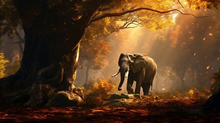 In the muted light of an autumn forest, an elephant's silhouette is framed by ancient trees, a delicate plume of dust trailing its solitary trek. - Powered by Adobe
