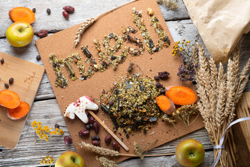 muesli word collecting from real horse muesli and granules for sportive horses.  feeding and horse care concept.