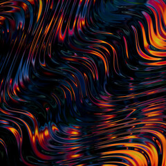 Abstract, fluid and colorful 3D background texture. Modern and contemporary feel. Metallic, iridescent and reflective with shades of orange, blue and black.