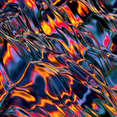 Abstract, fluid and colorful 3D background texture. Modern and contemporary feel. Metallic, iridescent and reflective with shades of blue, purple, orange and yellow.