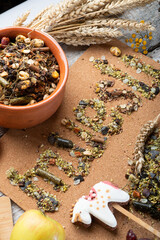 muesli word collecting from real horse muesli and granules for sportive horses.  feeding and horse care concept.