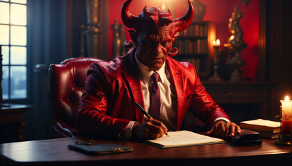 The devil signs a contract. - obrazy, fototapety, plakaty