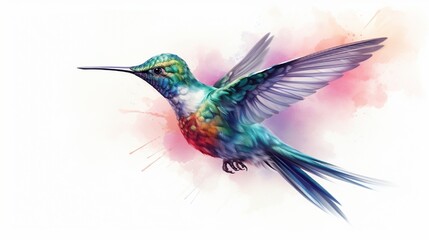 The delicate figure of a hummingbird hovers weightlessly in a watercolor vector illustration, each brushstroke defining the subtle iridescence of its feathers against the stark white background.