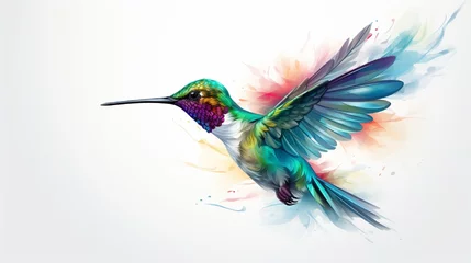 Papier Peint photo Colibri The delicate figure of a hummingbird hovers weightlessly in a watercolor vector illustration, each brushstroke defining the subtle iridescence of its feathers against the stark white background.