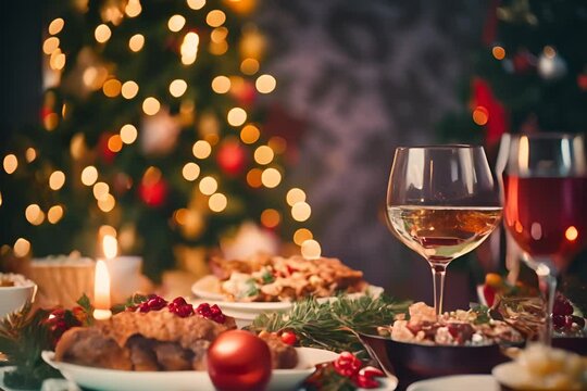 Festive holiday table setting with wine glasses and a traditional Christmas dinner against a backdrop of twinkling tree lights.