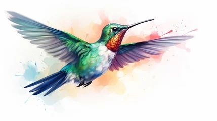 Fotobehang Kolibrie The delicate figure of a hummingbird hovers weightlessly in a watercolor vector illustration, each brushstroke defining the subtle iridescence of its feathers against the stark white background.