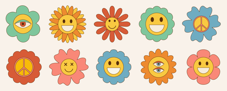 Vector set of cartoon groovy daisy flowers in trendy retro 70s style.Vector illustration