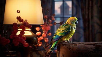 The silky feathers of a parakeet shimmer in the lamplight, its vibrant colors a joyful accent in a soft-focus living room setting.