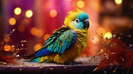 The silky feathers of a parakeet shimmer in the lamplight, its vibrant colors a joyful accent in a soft-focus living room setting.