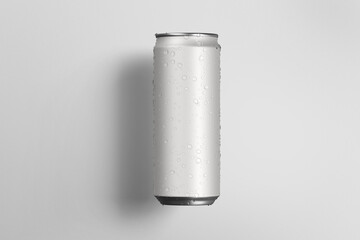 Realistic aluminium can mockup with water drops. soda can.
