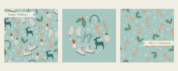 Merry Christmas retro templates. Winter Holiday cards and invitations. Cute prints for postcards, posters, covers, flyer. Hand drawn flat style vector illustrations.