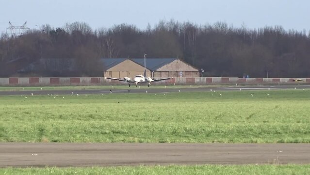 Twin Engine Piper Airplane Landing at a Regional Airport (Flight School Learning pilot training)