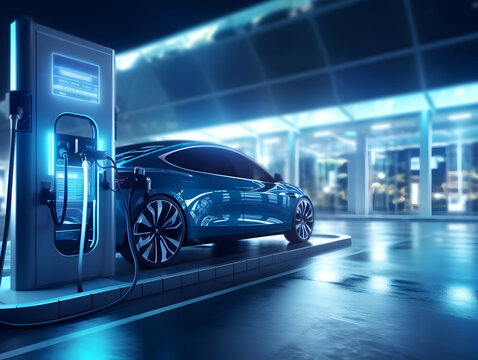 charging EV car electric vehicle clean energy for driving future, eco-friendly alternative energy concept, futuristic hybrid vehicle charge battery electric on station, ai generated photo