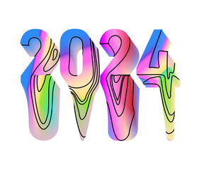 Holographic design effect paint flowing liquid acrylic Hand-drawn inscription 2024 abstract art New Year background  symbol modern style bright acid pastel colors clip art element on white background 