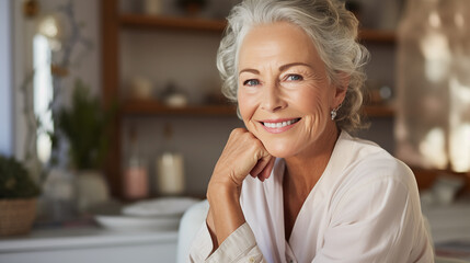 Fototapeta premium Portrait of a pretty senior woman in a cozy bedroom. The concept of Healthy ageing