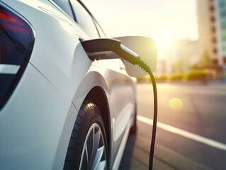 charging EV car electric vehicle clean energy for driving future, eco-friendly alternative energy concept, futuristic hybrid vehicle charge battery electric on station, ai generated photo