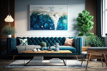 Interior of modern living room with blue sofa, coffee table and plant