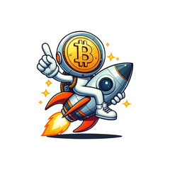 Obraz premium Bitcoin Bull Run rocket Illustration, Bullish Bitcoin Rocket character vector illustration. bitcoin rocket vector art, crypto Bull run vector illustration. Ai Generated