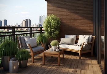 Loft style balcony of a modern lofty home. Two armchairs sofa with wooden table on the balcony. Modern home interior design of a modern balcony.