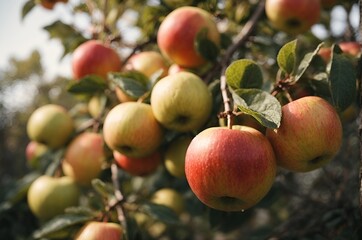 Fresh apples on tree ready to be harvested. Ripe red and green apple fruits in apple orchard
