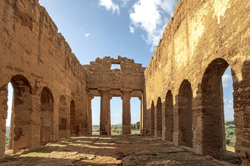 Ancient Greek Temple of Concordia in the Valley of the Temples of Agrigento, seen from inside in...