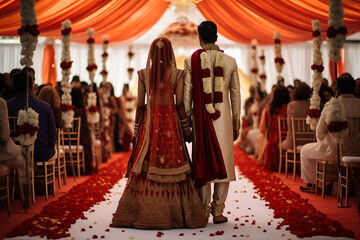 Indian bride and groom at wedding ceremony in traditional clothes, back view