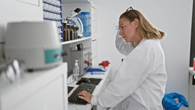 Blonde bombshell in a lab coat, focused, young scientist takes off her glasses amidst intense computer work at biology research laboratory.